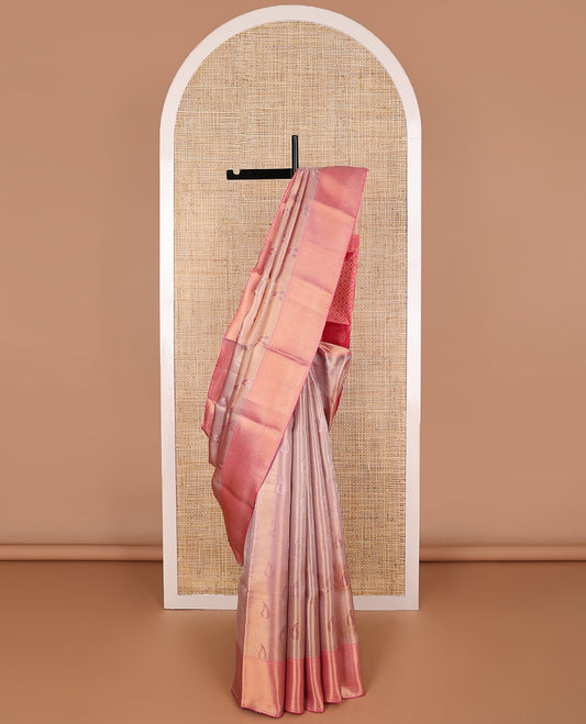 Light pink striped, floral design tissue saree with contrast zari design border & floral checked design pallu