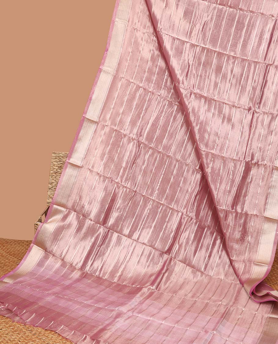 Pink striped semi-banaras tissue saree, plain border & striped pallu