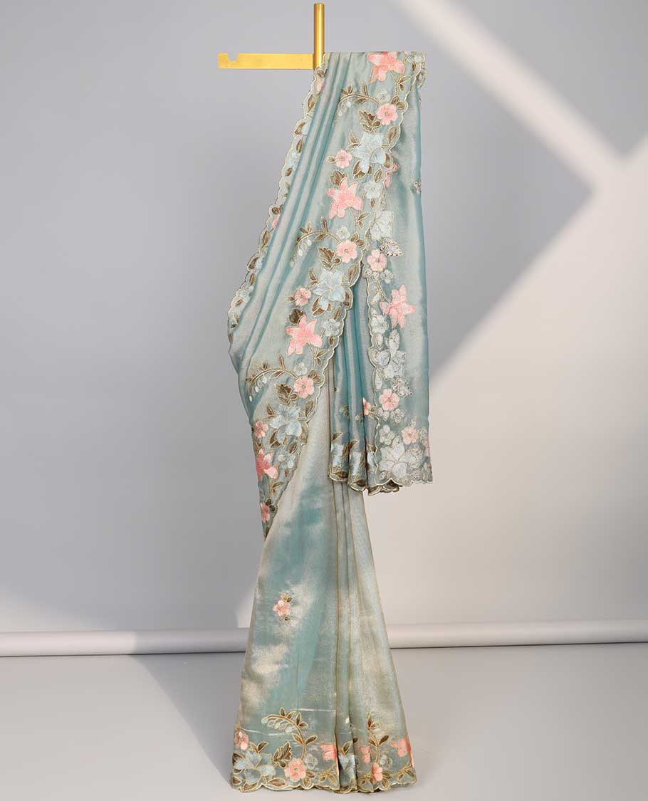 Green floral embroidery semi-banaras tissue saree with scallop floral embroidery border