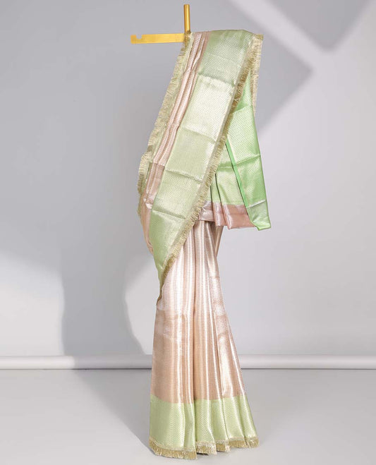 Baby pink checked tissue saree with contrast intricate design border & zig zag striped pallu