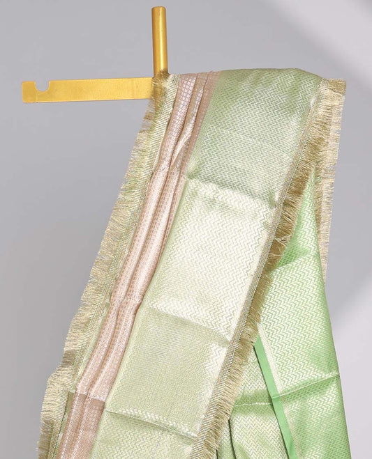 Baby pink checked tissue saree with contrast intricate design border & zig zag striped pallu