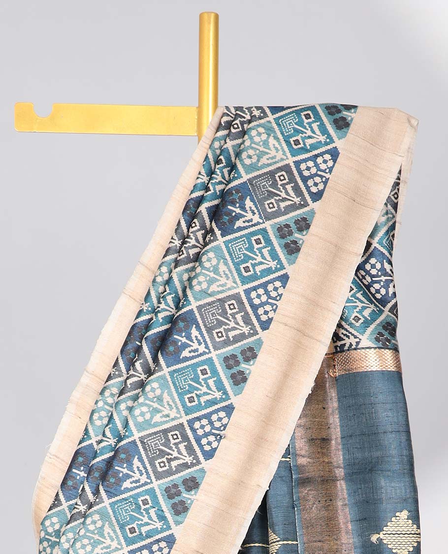 Blue floral enclosed with argyle design tussar silk saree with contrast border & striped design pallu