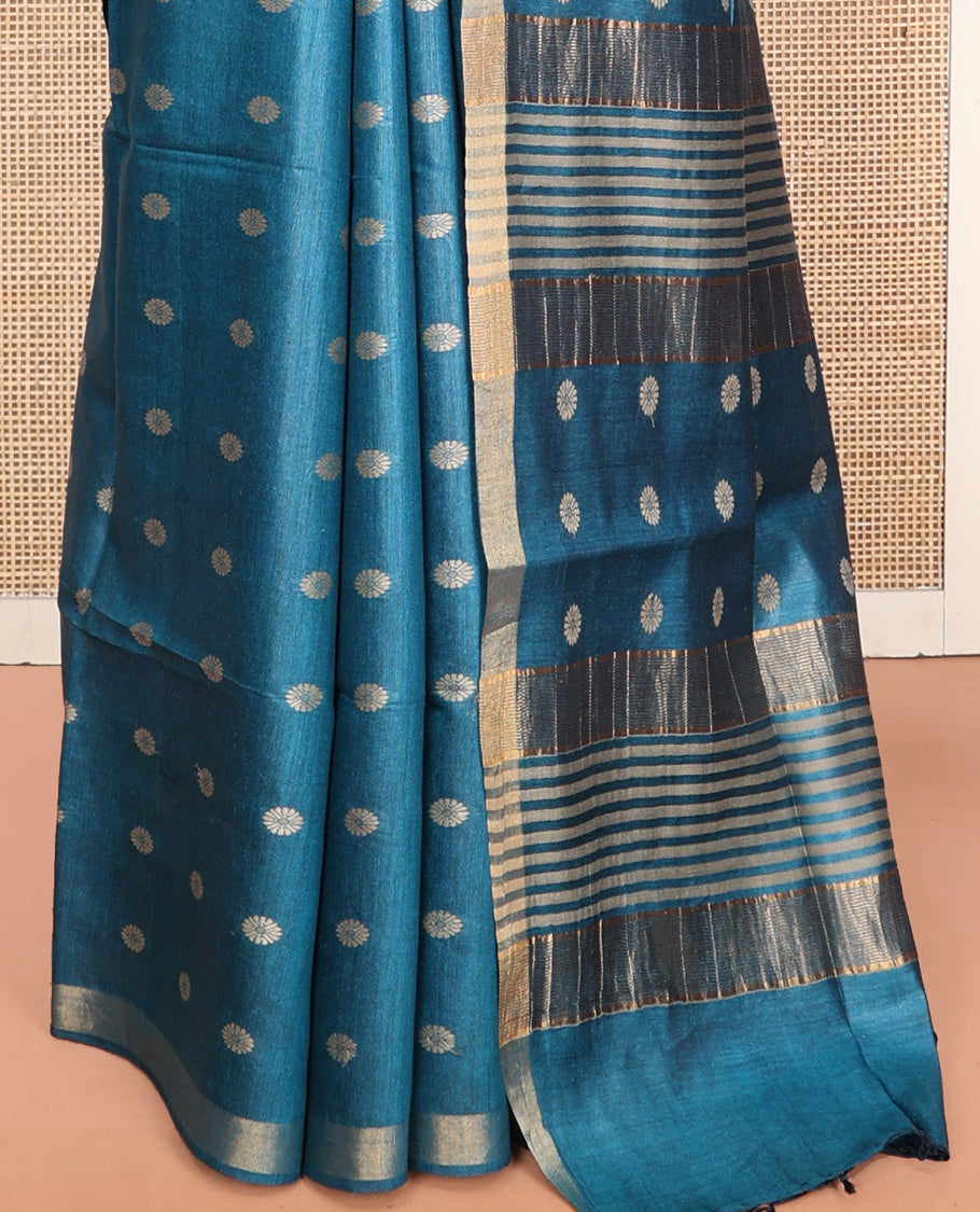 Blue Tussar Silk Saree, Steeped with Floral Buttas, a Subtle Border, Pallu Features Stripes and Buttas, and a Matching Blouse