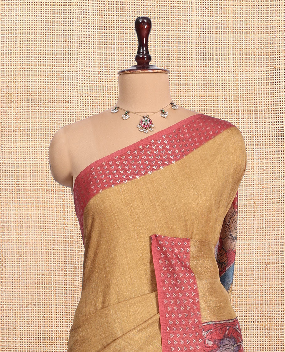 Brown Plain Fancy Tussar Silk Saree, Contrast Triangle Motif Border, Pallu of Kalamkari Peacock Motifs, and Contrast Kalamkari Printed Blouse