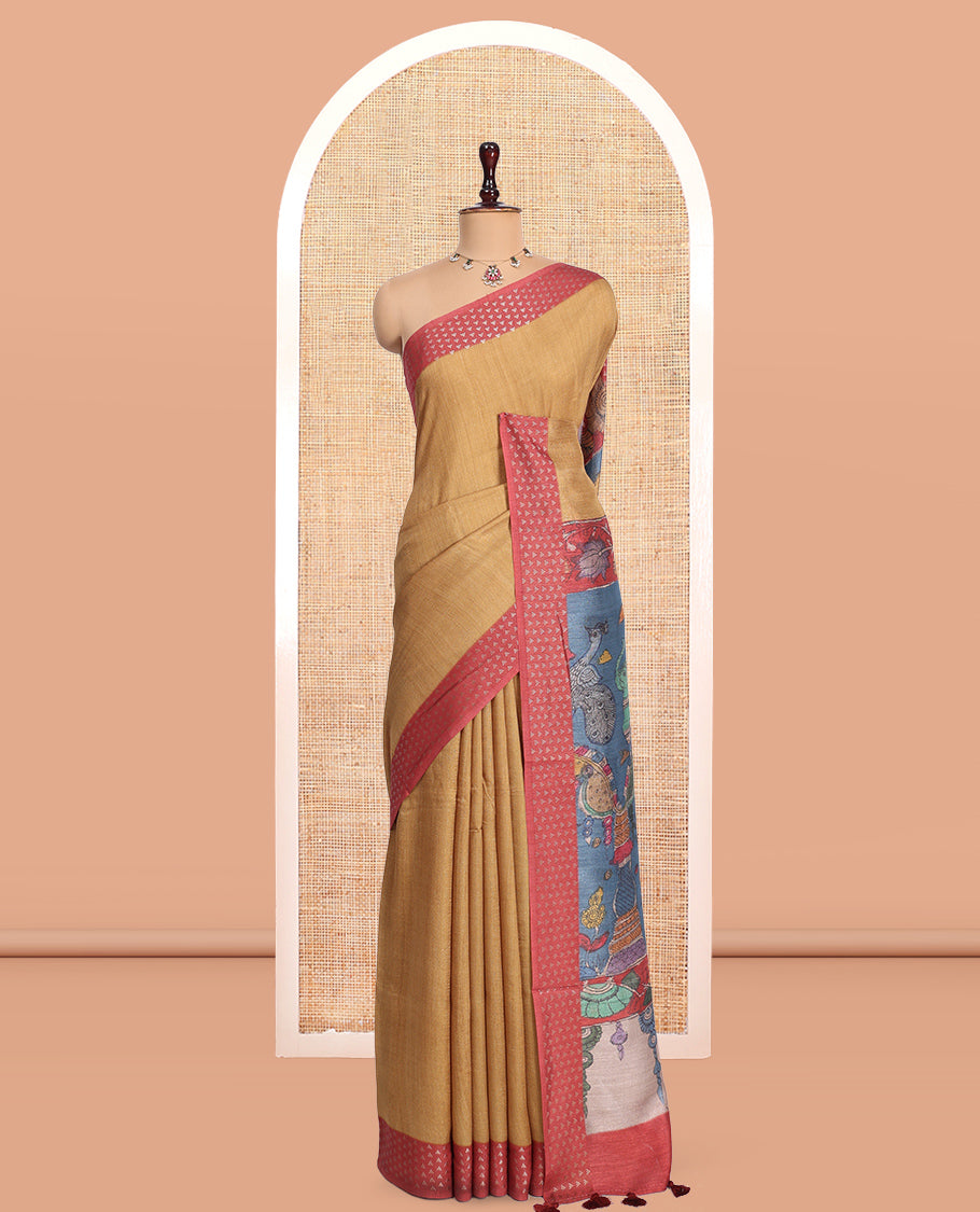 Brown Plain Fancy Tussar Silk Saree, Contrast Triangle Motif Border, Pallu of Kalamkari Peacock Motifs, and Contrast Kalamkari Printed Blouse