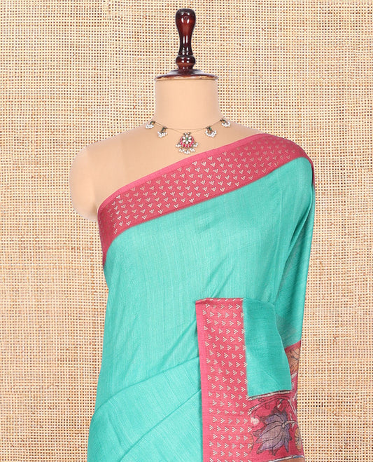 Blue Plain Fancy Tussar Saree, Complemented by a Contrast Triangle Motif Border, Kalamkari Flora-Fauna Printed Pallu, and a Contrast Blouse