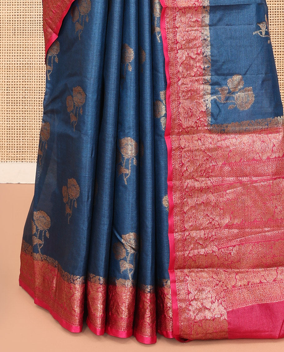 Blue Tussar Silk Saree, Woven with Floral Buttas, a Contrast Floral Zari Design Border, Intricate Pallu, and a Contrast Blouse