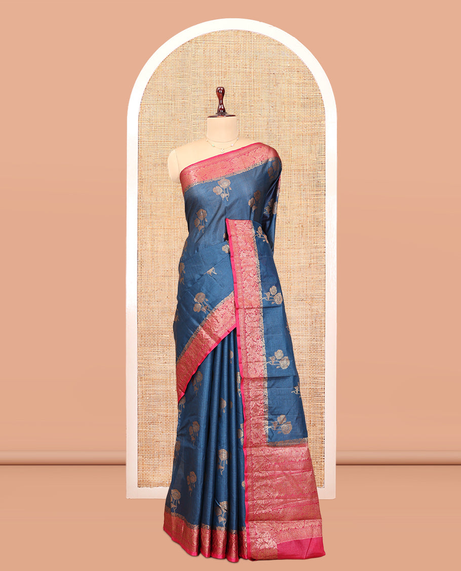 Blue Tussar Silk Saree, Woven with Floral Buttas, a Contrast Floral Zari Design Border, Intricate Pallu, and a Contrast Blouse