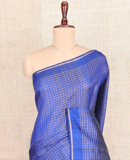 Blue Tussar Silk Saree, Subtly Sparkled with Dot Butta Enclosed Checked Designs, Subtle Border, Gleaming Zari Striped Pallu, and Paired with a Matching Blouse