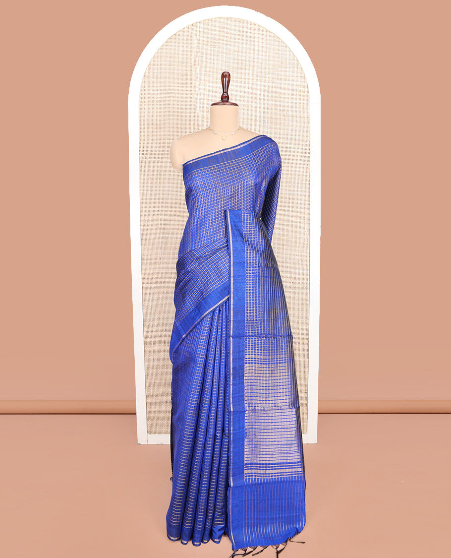 Blue Tussar Silk Saree, Subtly Sparkled with Dot Butta Enclosed Checked Designs, Subtle Border, Gleaming Zari Striped Pallu, and Paired with a Matching Blouse