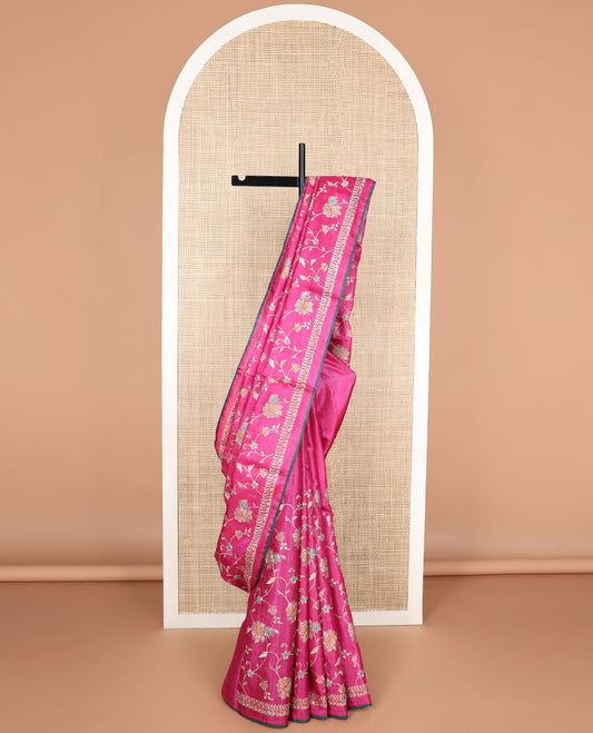 Pink all-over floral vine thread embroidery tussar silk saree with self floral design border