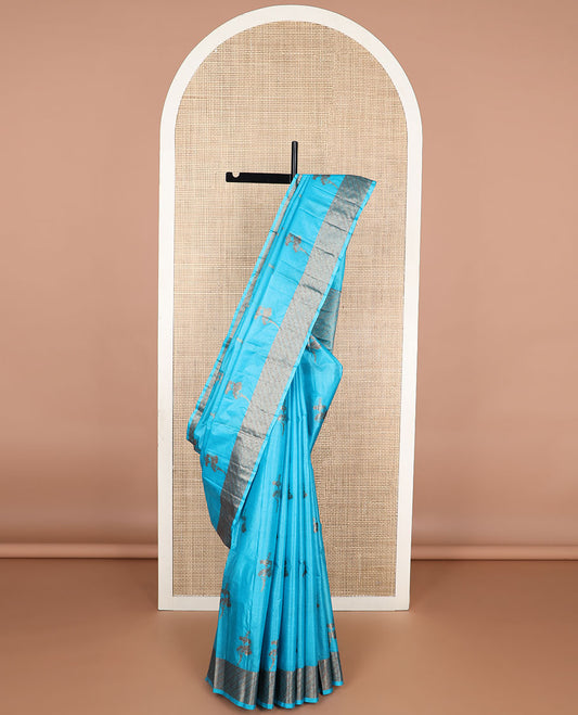 Sky blue floral motifs tussar silk saree with self geometric design border & geometric design pallu