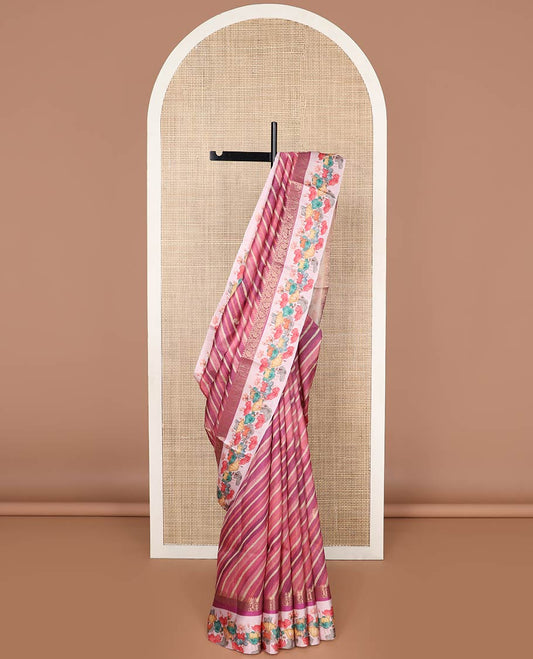 Pink motifs, leyhriya design tussar saree with contrast floral design border & striped pallu