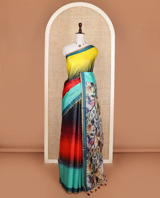 Multi-hue checked & ombre-colored tussar silk saree, contrast plain border, and contrast leaf-printed pallu