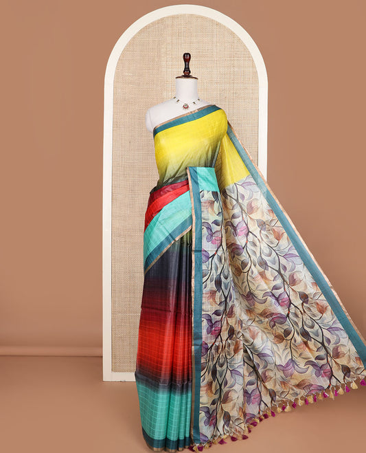 Multi-hue checked & ombre-colored tussar silk saree, contrast plain border, and contrast leaf-printed pallu