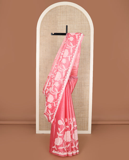 Pink floral vine design embroidered tussar saree, floral embroidered border