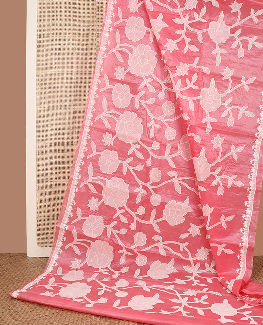 Pink floral vine design embroidered tussar saree, floral embroidered border