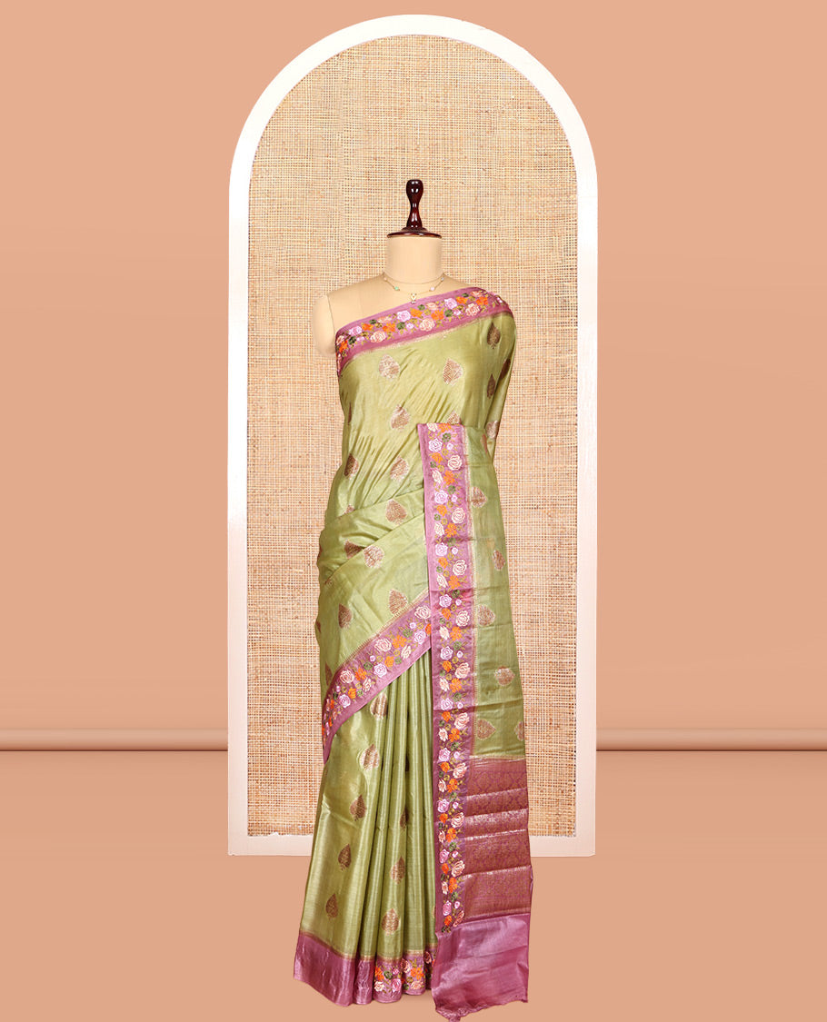 Green Tusser Silk Saree, Adorned with Buttas, a Contrast Floral Embroidered Border, Grand Pallu, and a Contrast Blouse