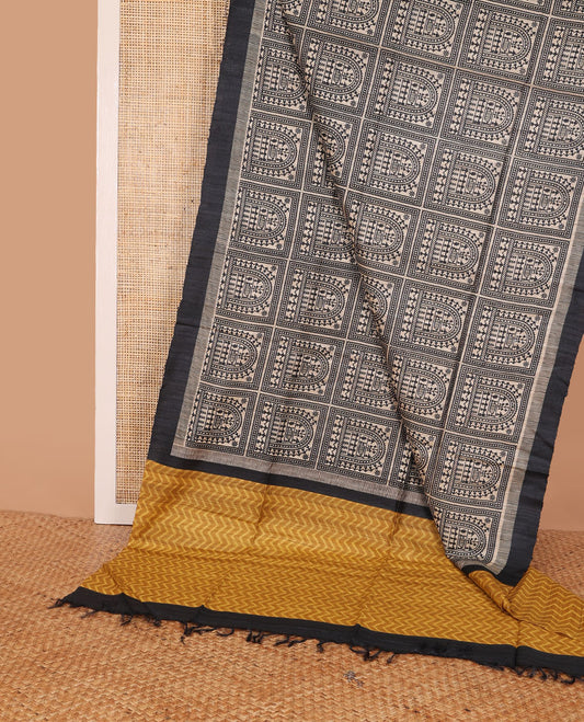 Black warli village-theme motifs printed tussar saree, plain border, contrast chevron striped pallu & printed blouse