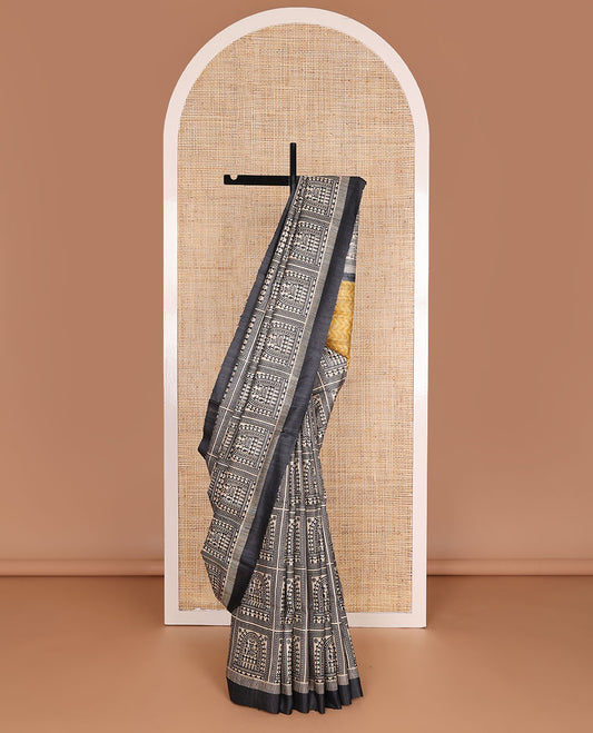Black warli village-theme motifs printed tussar saree, plain border, contrast chevron striped pallu & printed blouse