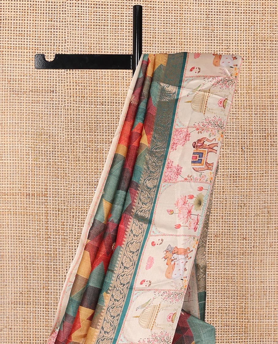 Multi-color geometric print & zari buttas tussar silk saree, contrast zari border with printed Pichwai cow, lotus & elephant motifs & zari pallu