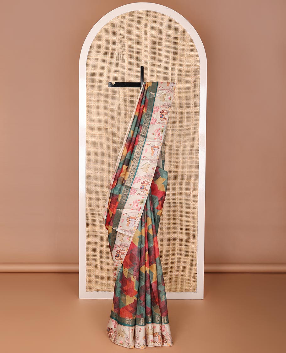 Multi-color geometric print & zari buttas tussar silk saree, contrast zari border with printed Pichwai cow, lotus & elephant motifs & zari pallu