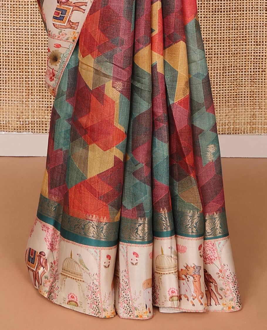 Multi-color geometric print & zari buttas tussar silk saree, contrast zari border with printed Pichwai cow, lotus & elephant motifs & zari pallu