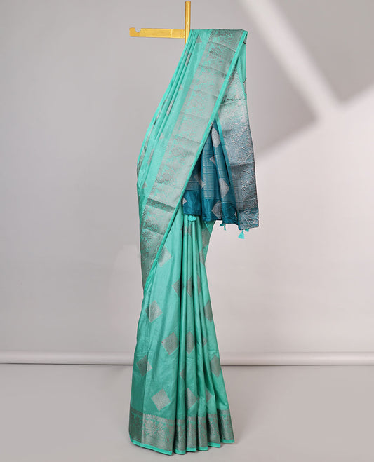 Green geometric motifs semi-banaras tussar saree with contrast intricate zari border & striped, geometric motifs pallu