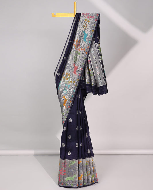 Violet floral motifs matka silk saree with self-floral embroidery border & floral embroidery pallu
