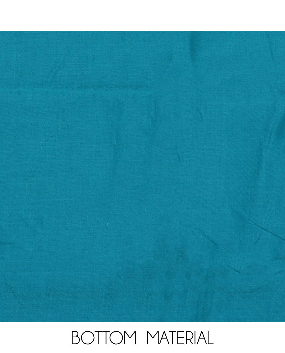 Blue material chudidar set, abstract printed with neck embroidered top, plain bottom, and contrast embroidered motifs dupatta