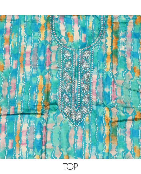 Blue material chudidar set, abstract printed with neck embroidered top, plain bottom, and contrast embroidered motifs dupatta