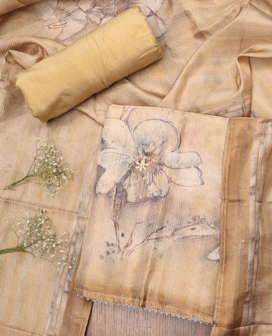 Yellow chudidhar material set floral print top with plain bottom & floral motifs embroidery dupatta
