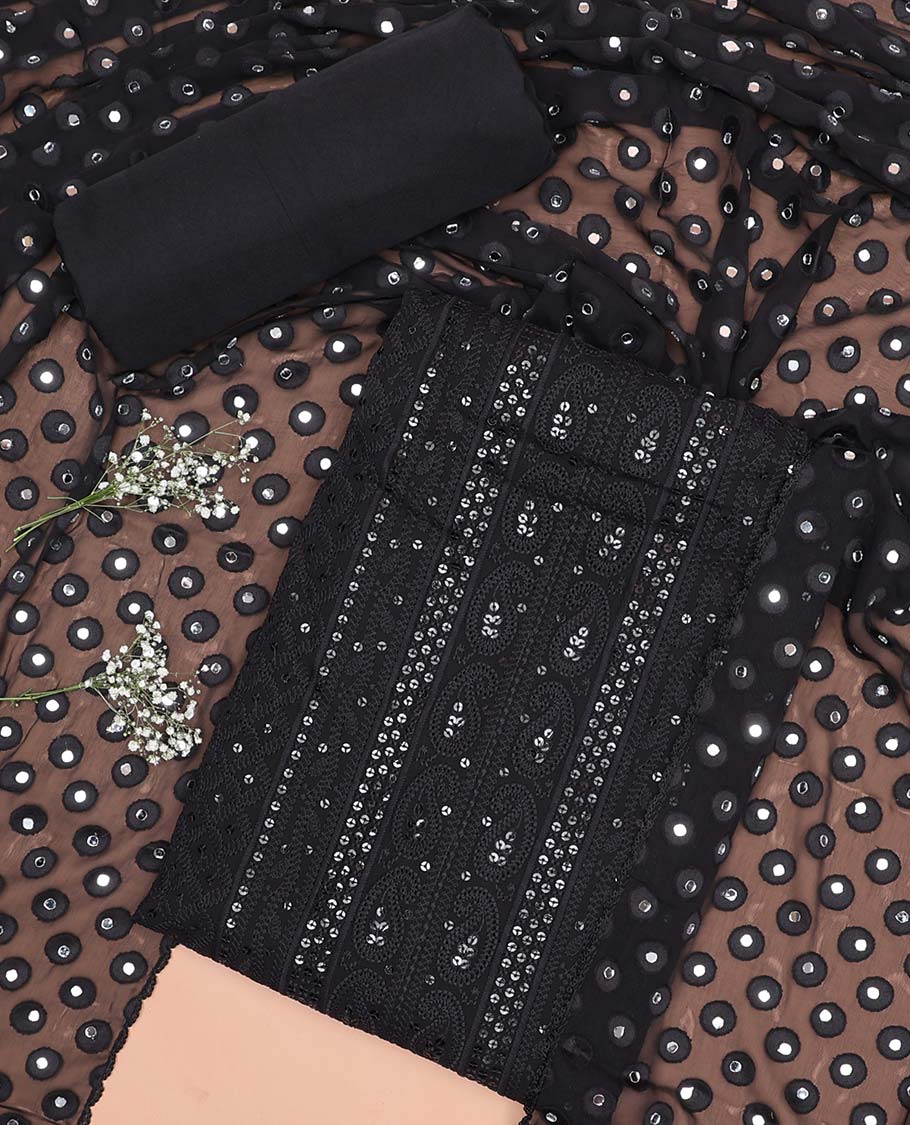 Black chudidhar material set thread embroidery with sequins work , plain botton & polka dot with mirror work dupatta