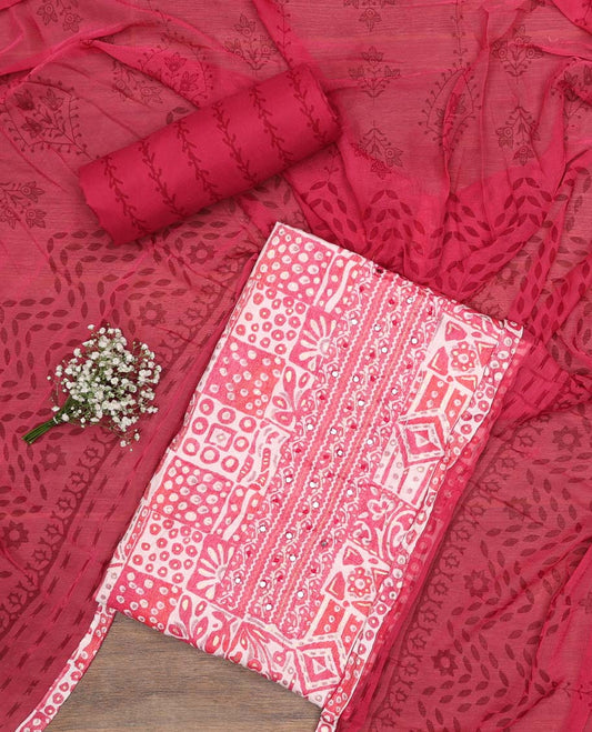 Pink chudidhar material set abstract printed top with thread embroidery bottom & floral design dupatta