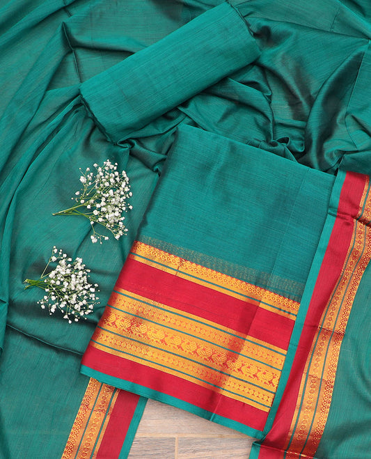 Green zari design chudidhar material top with plain bottom & plain, zari design border dupatta