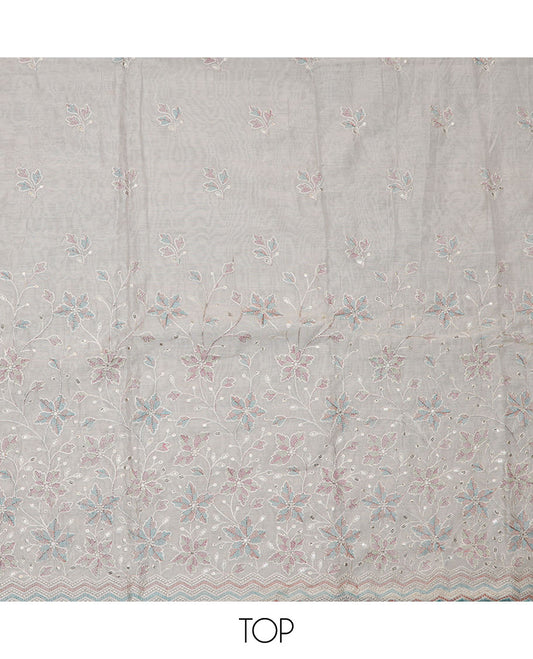 Blue material chudidar set, leaf patterned with neck real mirror work top, plain bottom and sequins striped dupatta