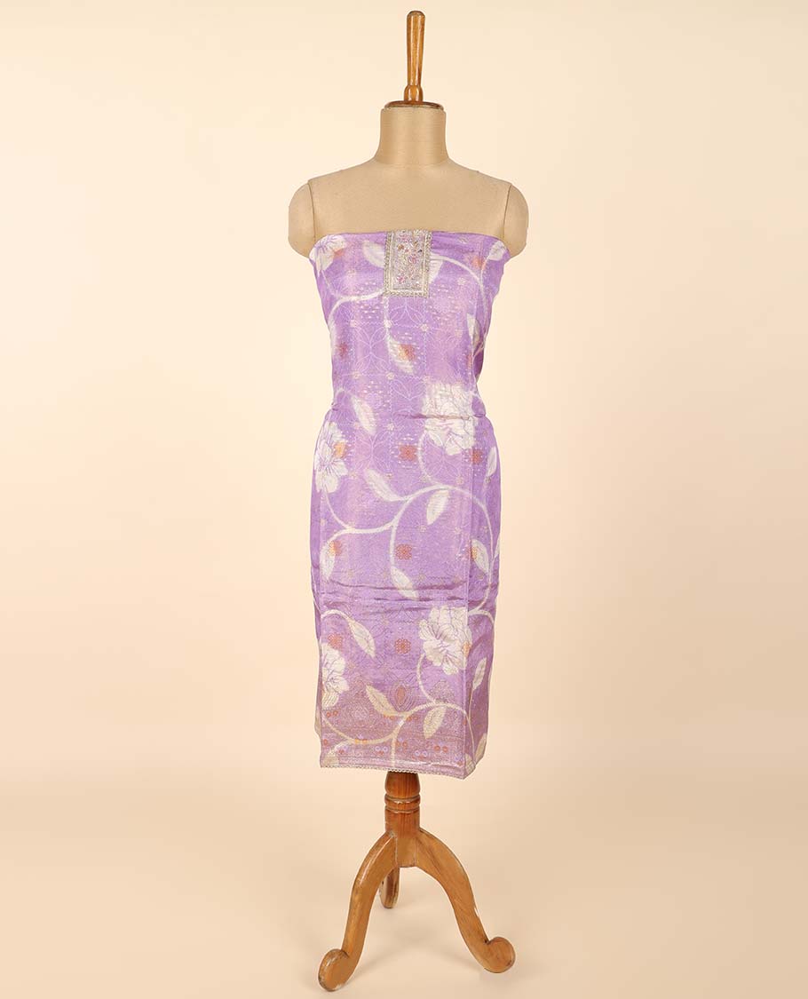 Lavender material chudidhar set, floral print & embroidered top, plain bottom & floral print dupatta