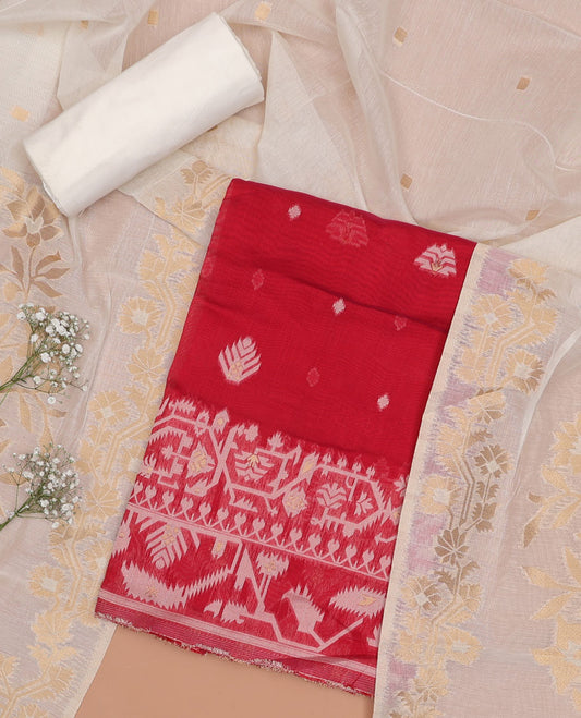 Red chudidhar material set, ikkat floral design top , plain bottom & floral design dupatta