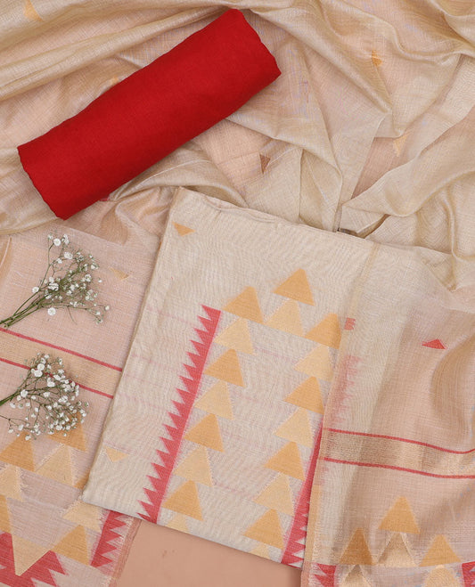 Cream chudidhar material set, geometric design top , red plain bottom & geometric design dupatta
