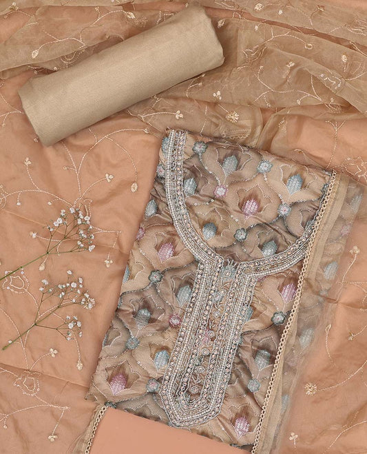 Sandal chudidhar material set floral sequins embroidered top with plain bottom & sequins embroidered dupatta