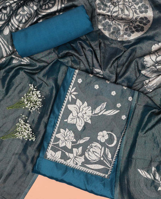 Blue chudidhar material set floral design top, plain bottom & floral design dupatta