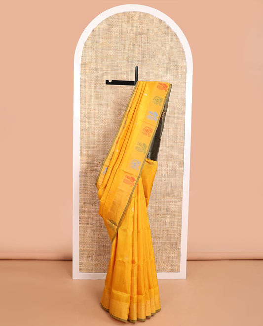 Orange floral buttas uppada saree with self animal design border & florl, peacock design pallu