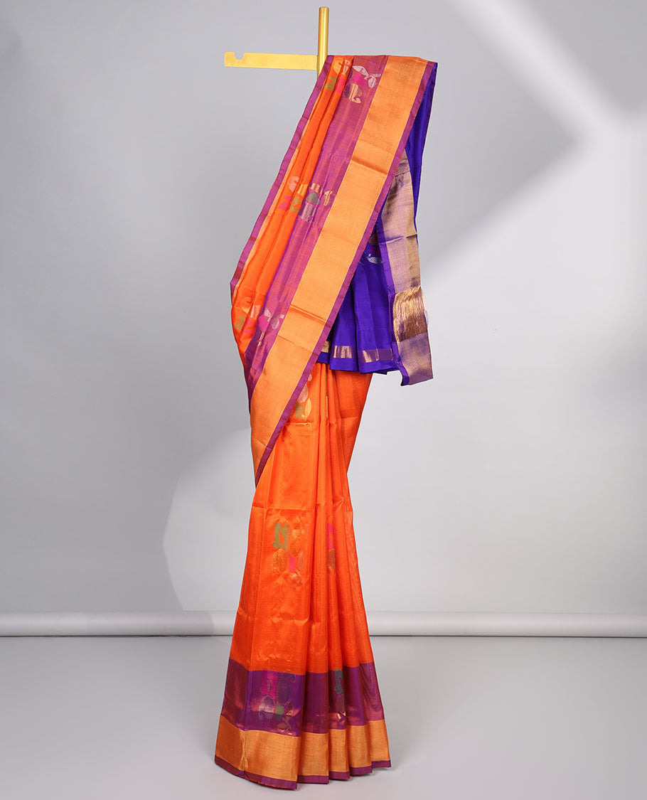 Organge floral buttas uppada silk saree with contrast plain border & floral , zari design pallu