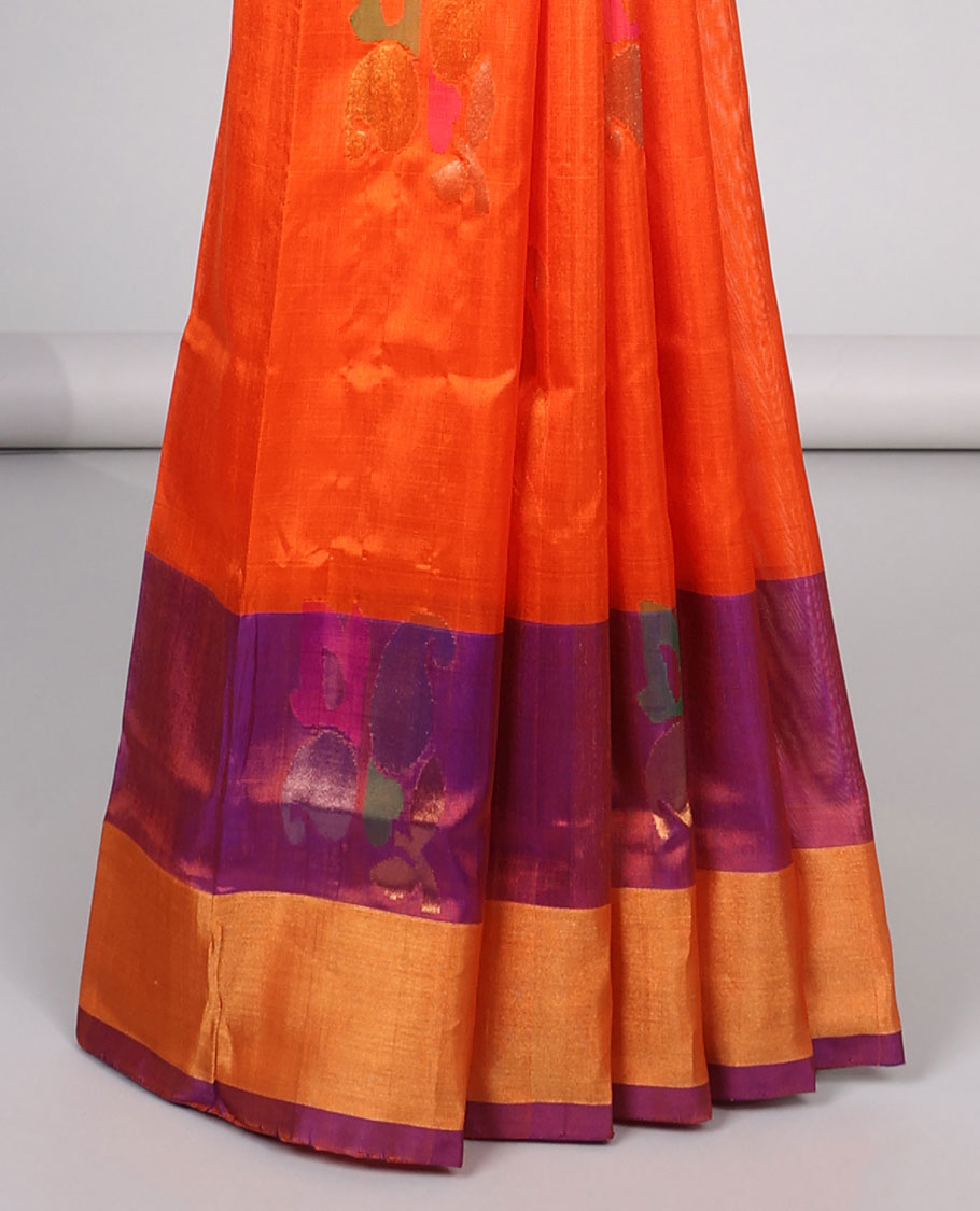 Organge floral buttas uppada silk saree with contrast plain border & floral , zari design pallu