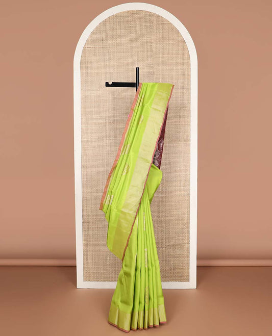 Light green motifs uppada silk saree with self zari border & floral design pallu
