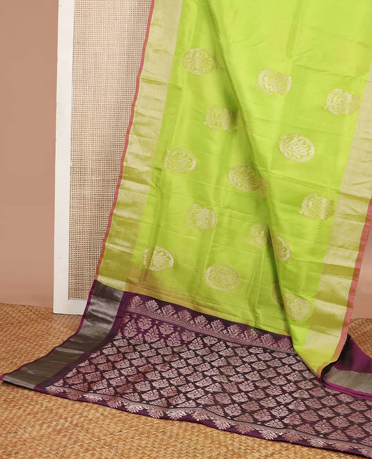 Light green motifs uppada silk saree with self zari border & floral design pallu