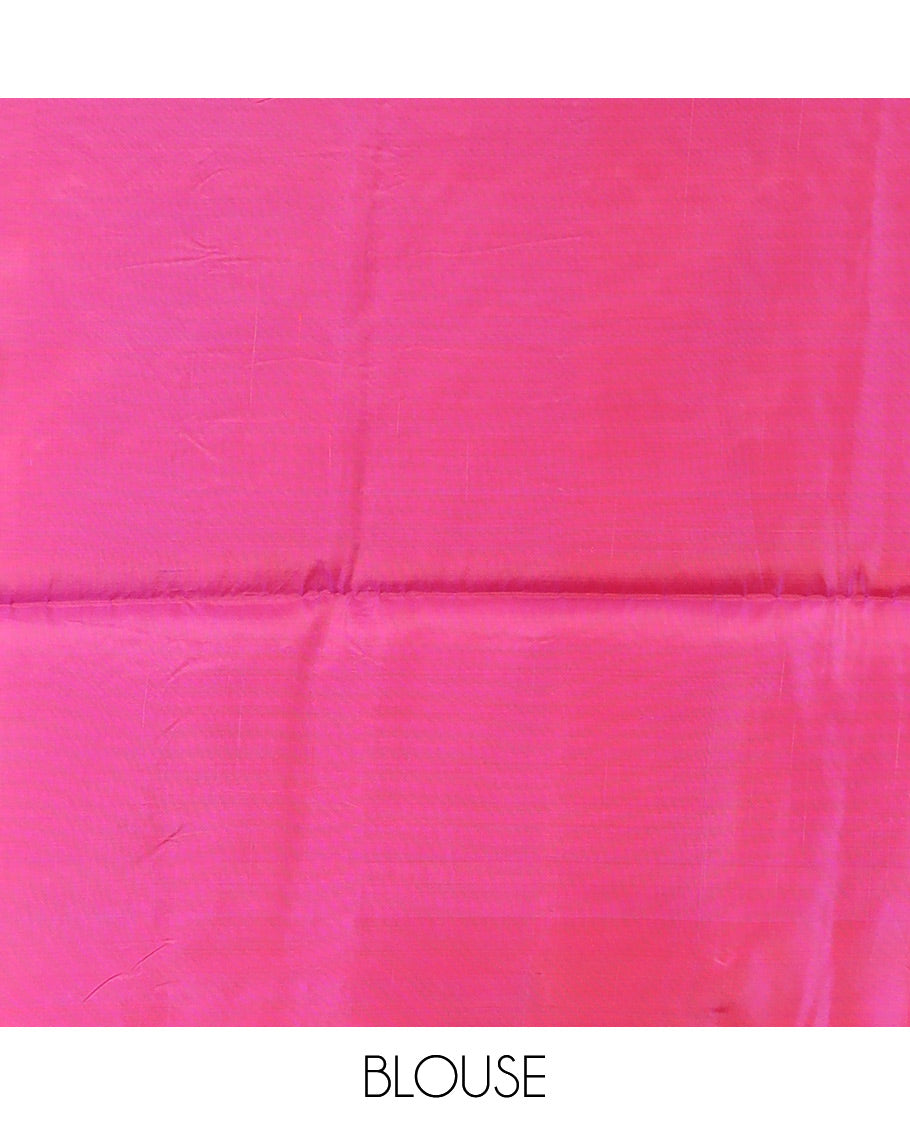 Peach Semi Uppada Saree Adorned with Zari Buttas, Complemented by a Contrasting Border of Leaf Buttas, Richly Woven Pallu Steeped with Chakram Designs, and Paired with a Contrast Blouse