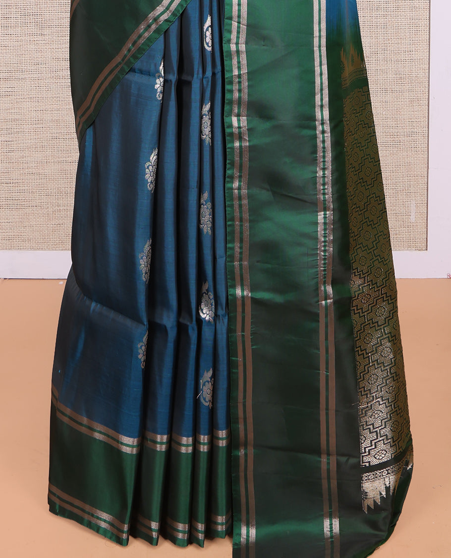 Blue Uppada Saree, Adorned with Zari Buttas, a Contrast Zari Striped Border, Grand Geometric Pallu, and a Contrast Blouse