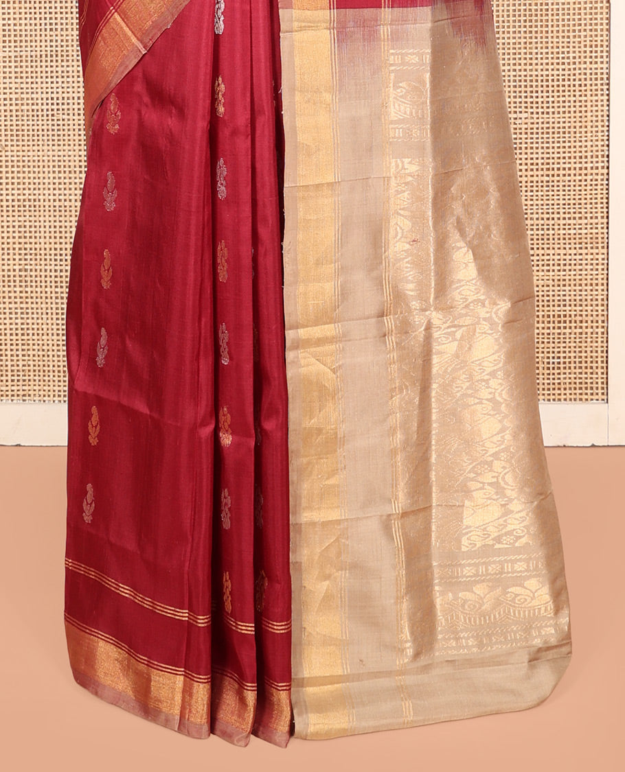 Red Uppada Silk Saree, Adorned with Buttas, a Contrast Zari Border, an Intricately Designed Pallu, and a Contrast Blouse