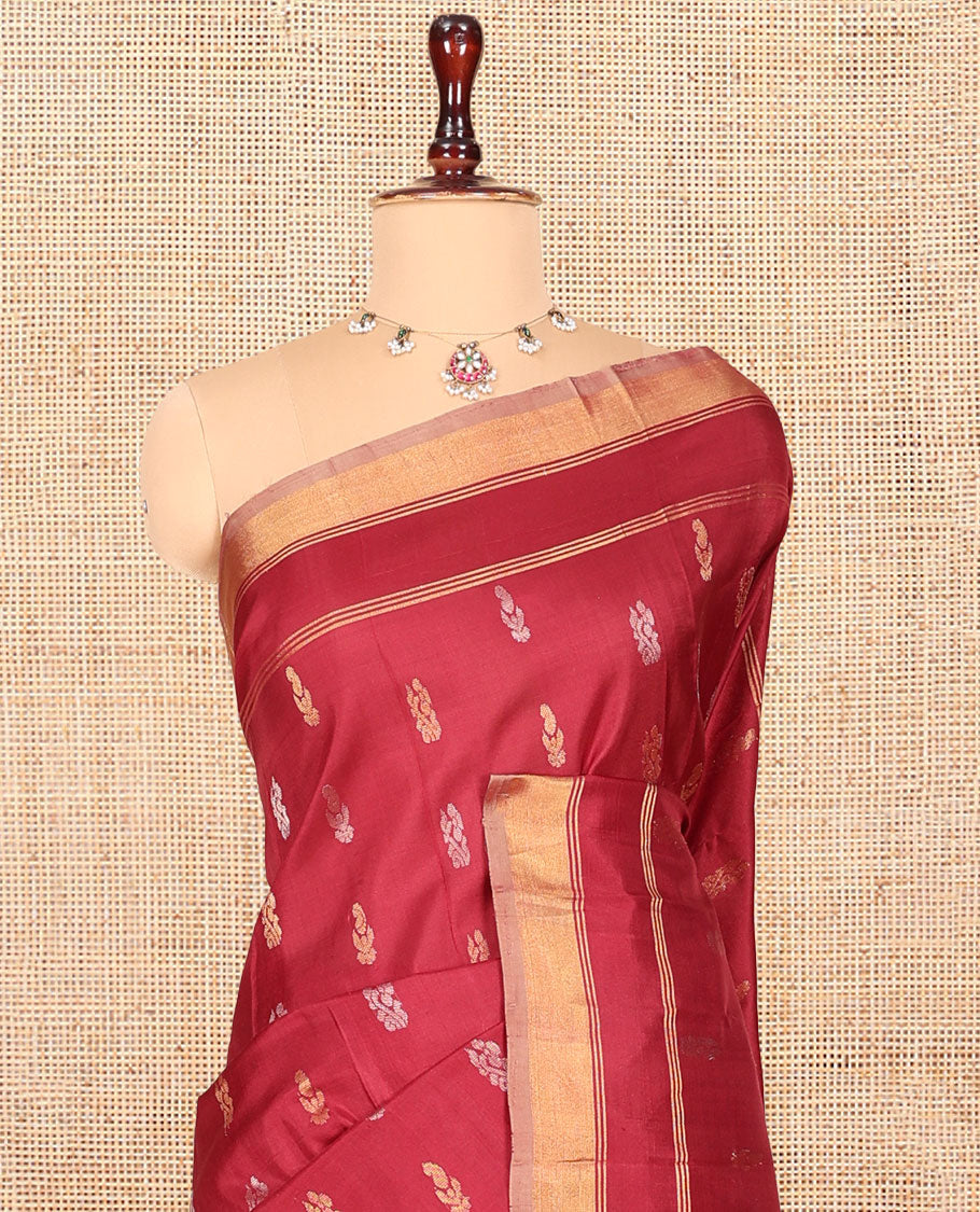 Red Uppada Silk Saree, Adorned with Buttas, a Contrast Zari Border, an Intricately Designed Pallu, and a Contrast Blouse